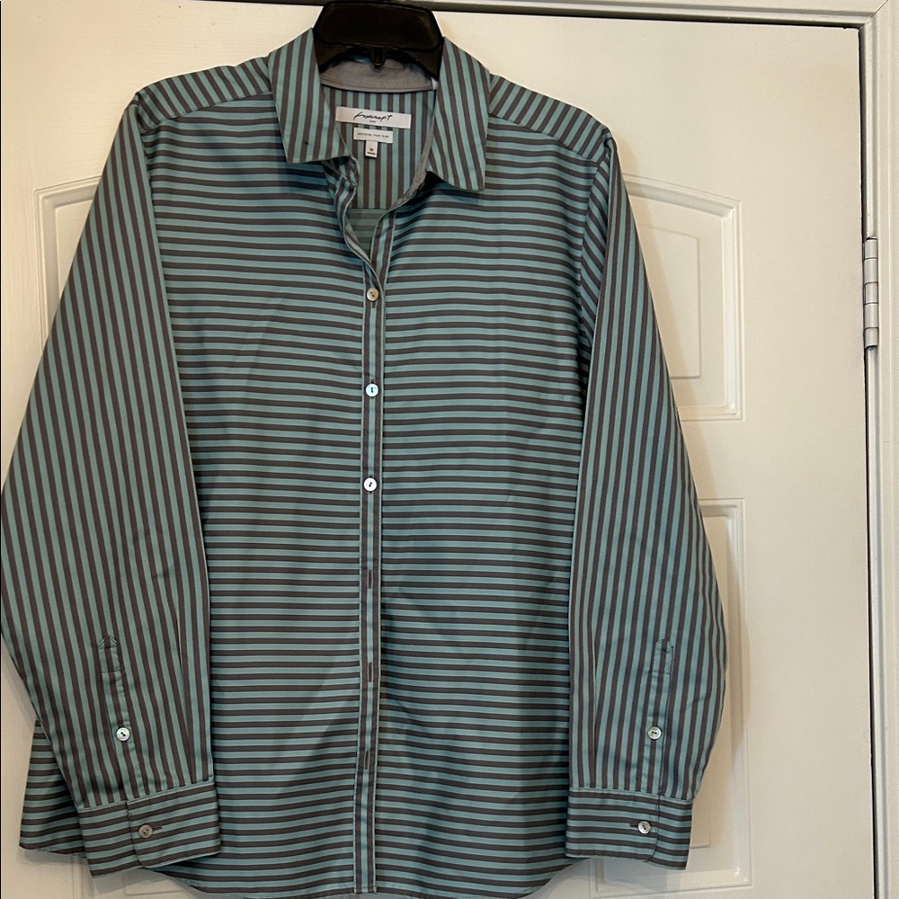 Foxcroft Women’s Mint Green/Gray Striped Button-Down Shirt